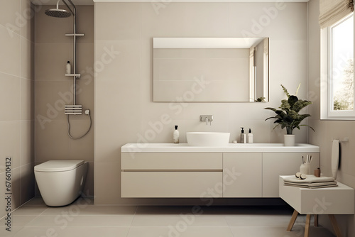 The bathroom is in a modern style in beige and calm shades. Consistent design  simplicity  minimalism  calm mood