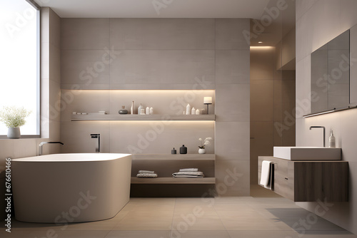 The bathroom is in a modern style in beige and calm shades. Consistent design, simplicity, minimalism, calm mood