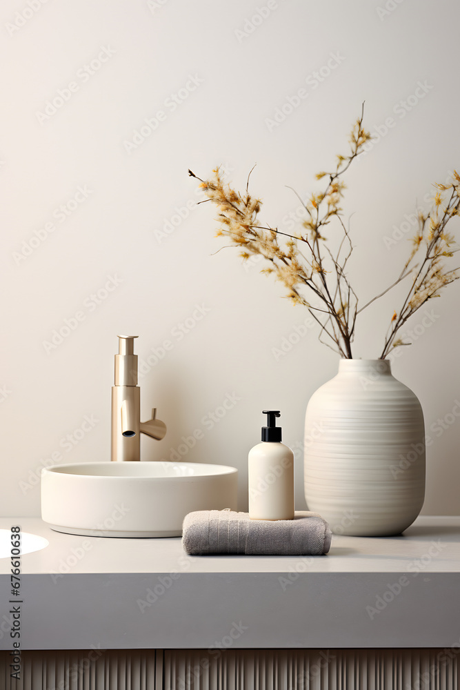 Stylish bathroom interior, and elegant personal accessories. Home decor. Interior design, minimalism, calm tone Stylish bathroom interior, and elegant personal accessories. Home decor. Interior design, minimalism, calm tone