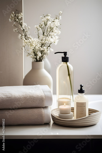 Stylish bathroom interior, and elegant personal accessories. Home decor. Interior design, minimalism, calm tone