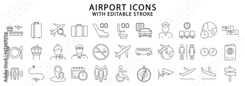 Airport icons. Airport icon set. Airport line icons. Vector illustration. Editable stroke.