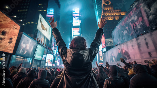 A girl with her arms towards the sky,  stands in the crowd of people celebrating New Year's Eve in Times Square, Manhattan, New York