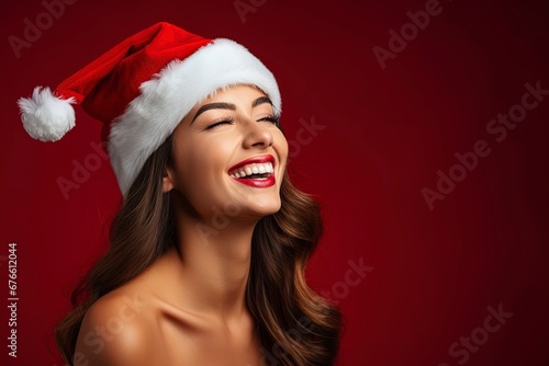 photo beautiful woman in santa hat feeling happy, generative ai
