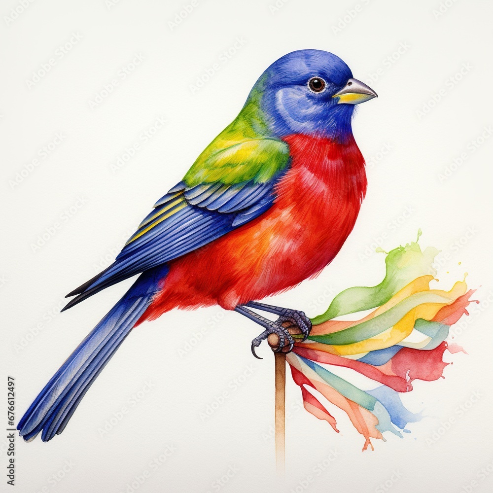 American Painted Bunting Watercolor with Flag