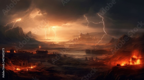 A stormy evening over a rough landscape, with lightning. Generative AI. 