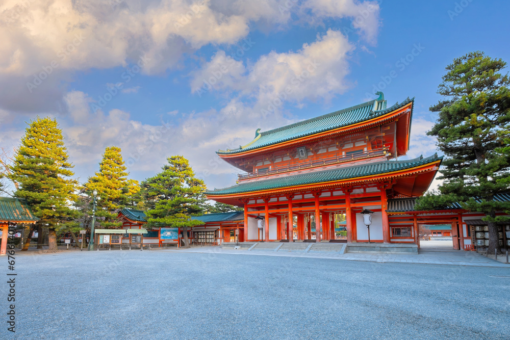 Kyoto, Japan - April 2 2023: Heian Shrine built on the occasion of 1100th anniversary of the capital's foundation in Kyoto, dedicated to the spirits of the first and last emperors who reigned the city Kyoto, Japan - April 2 2023: Heian Shrine built on the occasion of 1100th anniversary of the capital's foundation in Kyoto, dedicated to the spirits of the first and last emperors who reigned the city
