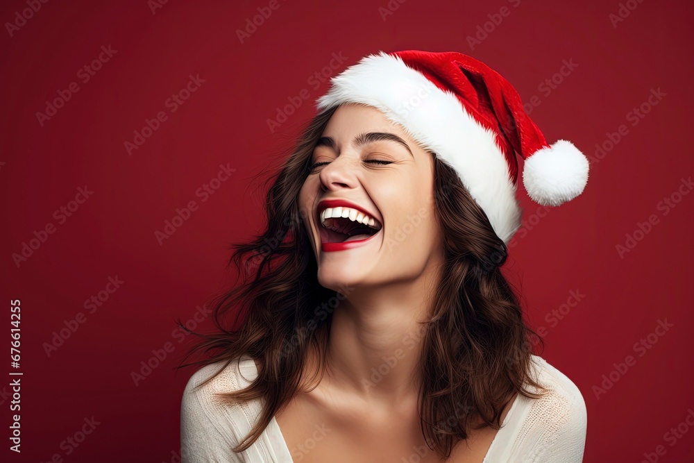 photo beautiful woman in santa hat feeling happy, generative ai photo beautiful woman in santa hat feeling happy, generative ai