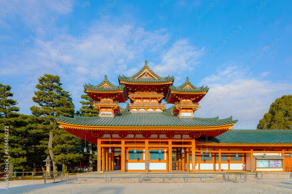 Kyoto, Japan - April 2 2023: Heian Shrine built on the occasion of 1100th anniversary of the capital's foundation in Kyoto, dedicated to the spirits of the first and last emperors who reigned the city Kyoto, Japan - April 2 2023: Heian Shrine built on the occasion of 1100th anniversary of the capital's foundation in Kyoto, dedicated to the spirits of the first and last emperors who reigned the city
