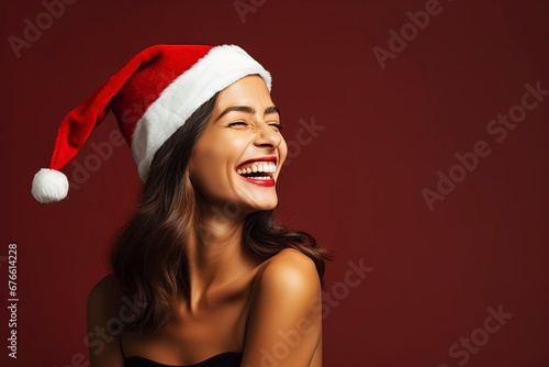 photo beautiful woman in santa hat feeling happy, generative ai photo