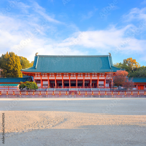 Kyoto, Japan - April 2 2023: Heian Shrine built on the occasion of 1100th anniversary of the capital's foundation in Kyoto, dedicated to the spirits of the first and last emperors who reigned the city photo