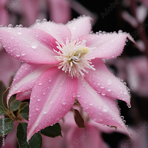 Detailed snow on pink clematis