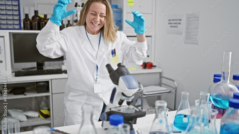 Joyful young blonde woman scientist victorious, celebrating her ground-breaking biotech win under the microscope in bustling laboratory Joyful young blonde woman scientist victorious, celebrating her ground-breaking biotech win under the microscope in bustling laboratory