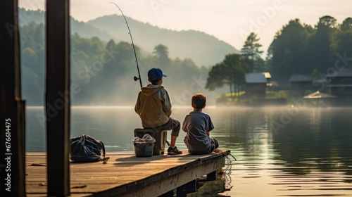 Kids sitting on a dock and fishing at a quiet lake  photo