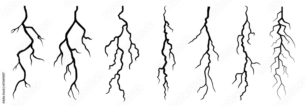 Vector lightning silhouettes set. Elements for thunderstorm. vector illustration. - obrazy, fototapety, plakaty 