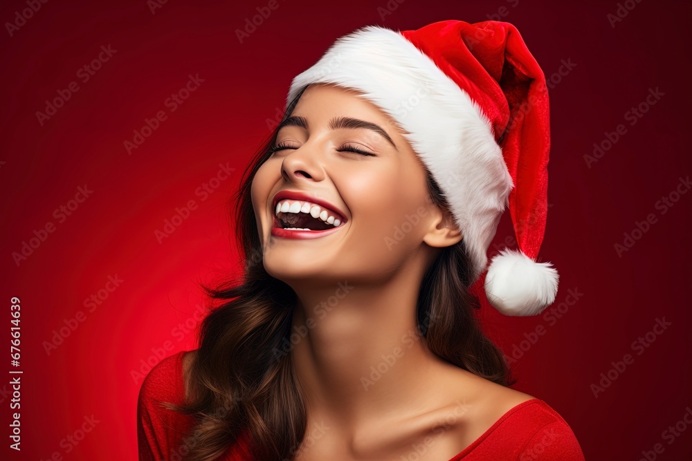 photo beautiful woman in santa hat feeling happy, generative ai photo beautiful woman in santa hat feeling happy, generative ai