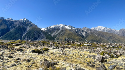 The extreme rocky alpine terrain of the path through the Tasman Valley in Aoraki mt Cook National Park