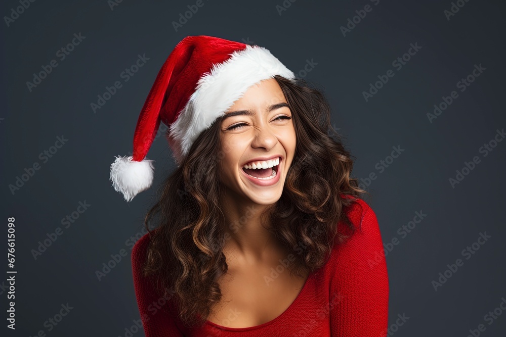photo beautiful woman in santa hat feeling happy, generative ai photo beautiful woman in santa hat feeling happy, generative ai