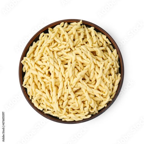 Uncooked trofie pasta in bowl isolated on white, top view