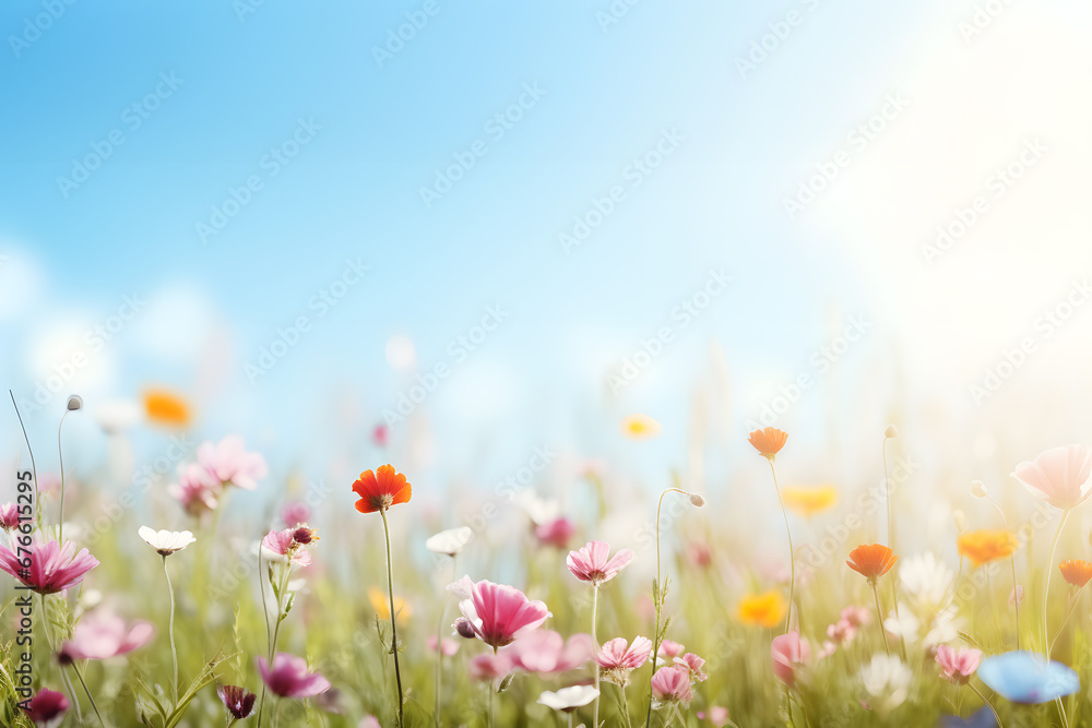 Colorful wildflower meadow with sunshine and blue sky - summer flower meadow - Holiday time in the garden