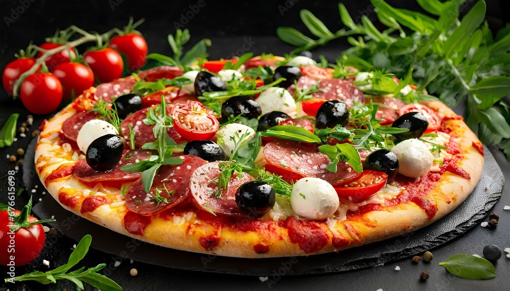 Close-up view of pizza adorned with salami, cherry tomatoes, black olives, and melted mozzarella cheese, delicately sprinkled with fresh herbs, set against a black background.