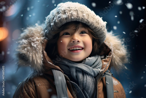 Portrait of a young asian boy on winter season outdoors. Generative AI.