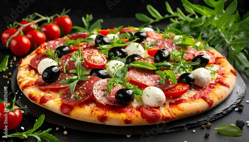 Close-up view of pizza adorned with salami, cherry tomatoes, black olives, and melted mozzarella cheese, delicately sprinkled with fresh herbs, set against a black background.