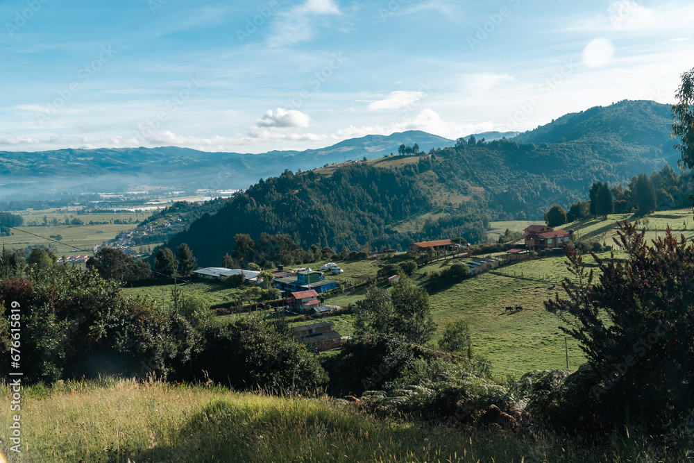 Nemocón rural landscape with blue sky and mountains. Colombia.