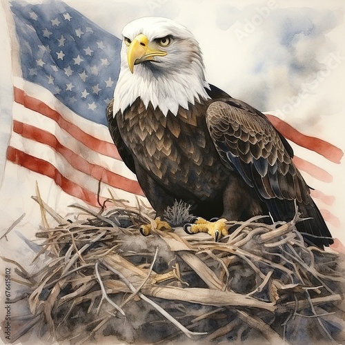 Watercolor Bald Eagle Nest with the American Flag