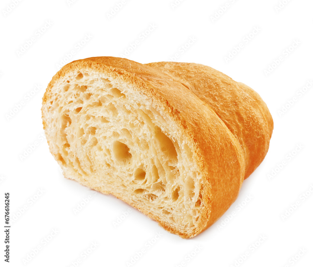 Delicious cut croissant isolated on white. Fresh pastry Delicious cut croissant isolated on white. Fresh pastry