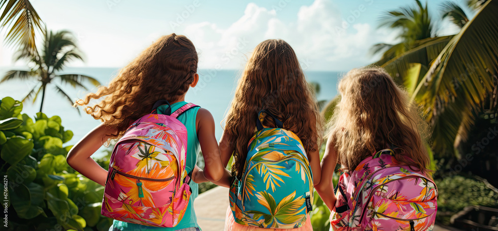 Three Adventurous Girls Gazing at the Vast Ocean Beyond