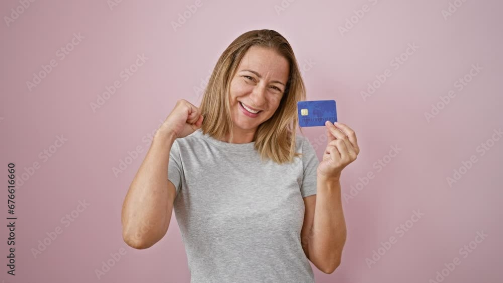Joyful young blonde woman confidently celebrating with credit card over isolated pink background, expressing positivity and financial happiness Joyful young blonde woman confidently celebrating with credit card over isolated pink background, expressing positivity and financial happiness