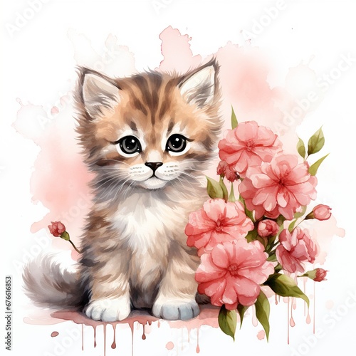Watercolor kitten and rustic carnations clipart © Man888