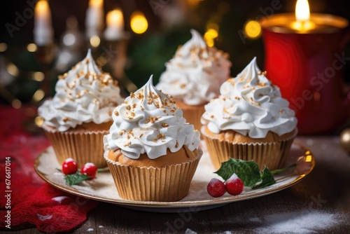 Christmas cupcakes on a plate with whipped cream and Christmas decoration. Christmas and winter background and bokeh