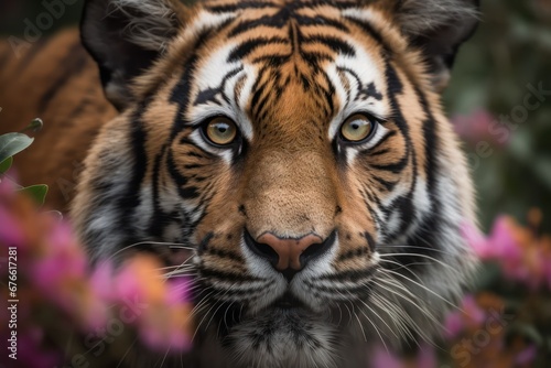 Beautiful tiger face adult tiger face surrounded by flowers