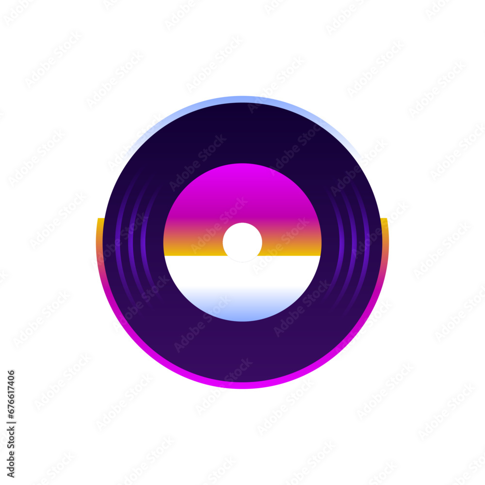 Vector music notes rainbow colourful with vinyl record on white background