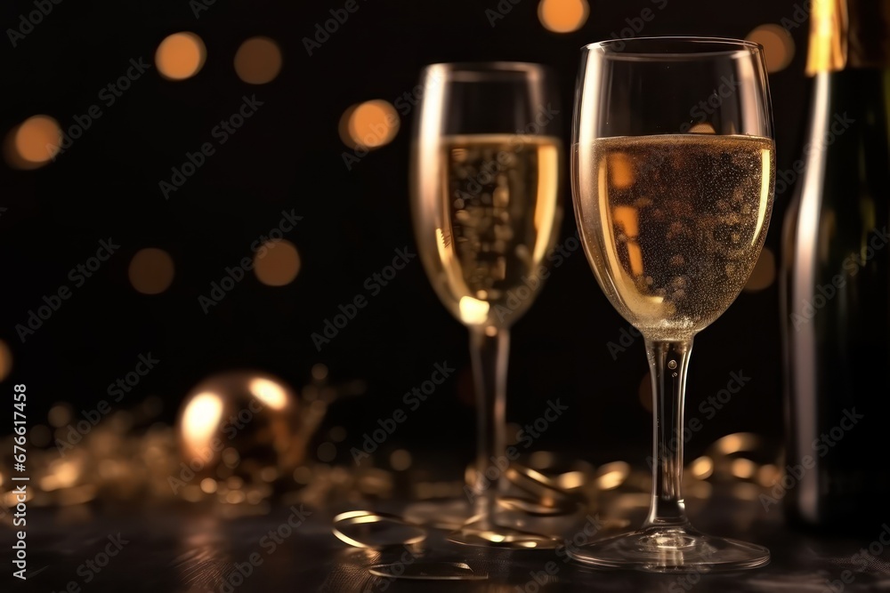 Champagne on golden bokeh background for celebration Drink