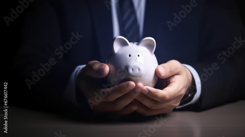Business man hand hold piggy bank