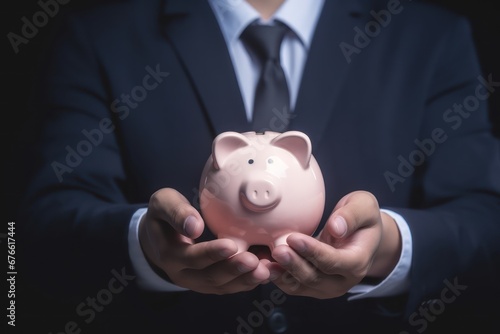 Business man hand hold piggy bank