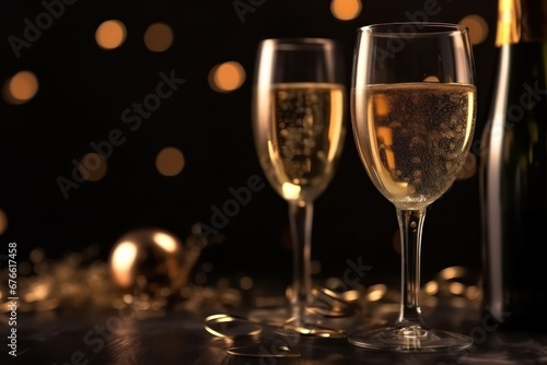 Champagne on golden bokeh background for celebration Drink