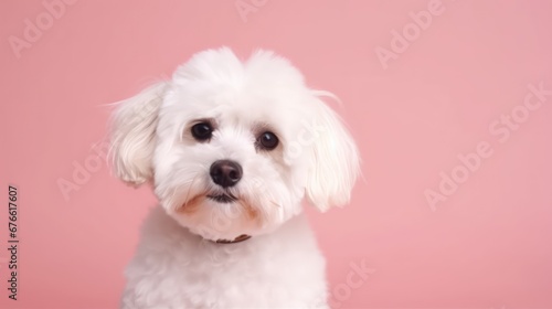 Cute maltipoo dog on pink background space for text,copy space 