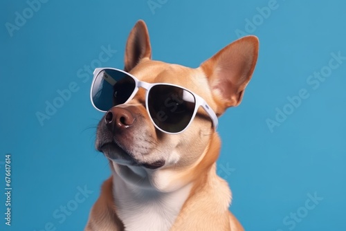 Cute dog wearing glasses isolated on blue background,dog model portrait