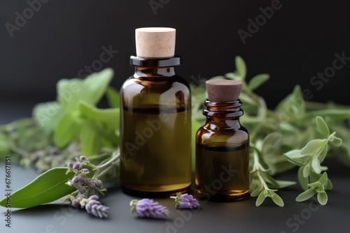 Herb essential oil aroma bootle and leaf