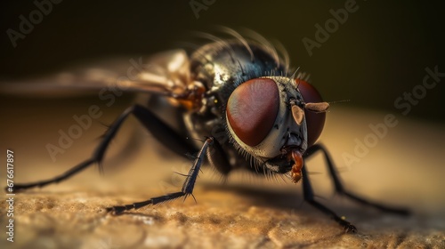 Macro view of black house fly,wallpaper background 