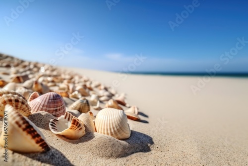 Shells on sandy beach with blue sky view background