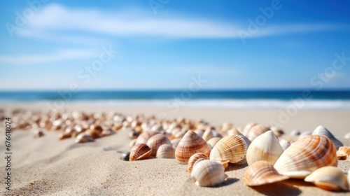 Shells on sandy beach with blue sky view background