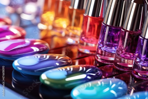 Close-up of colorful nail polish bottles on a mirror surface photo