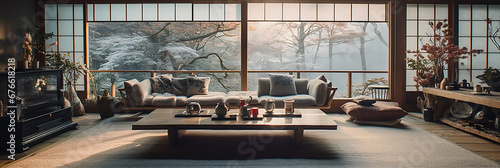 Luxurious living room with a blend of Japanese and Western style photo