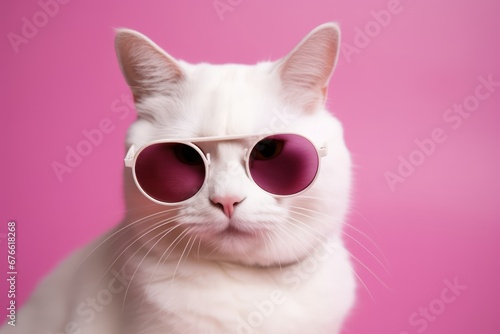 Cat model,White cat wearing pink sunglasses isolated on pink background