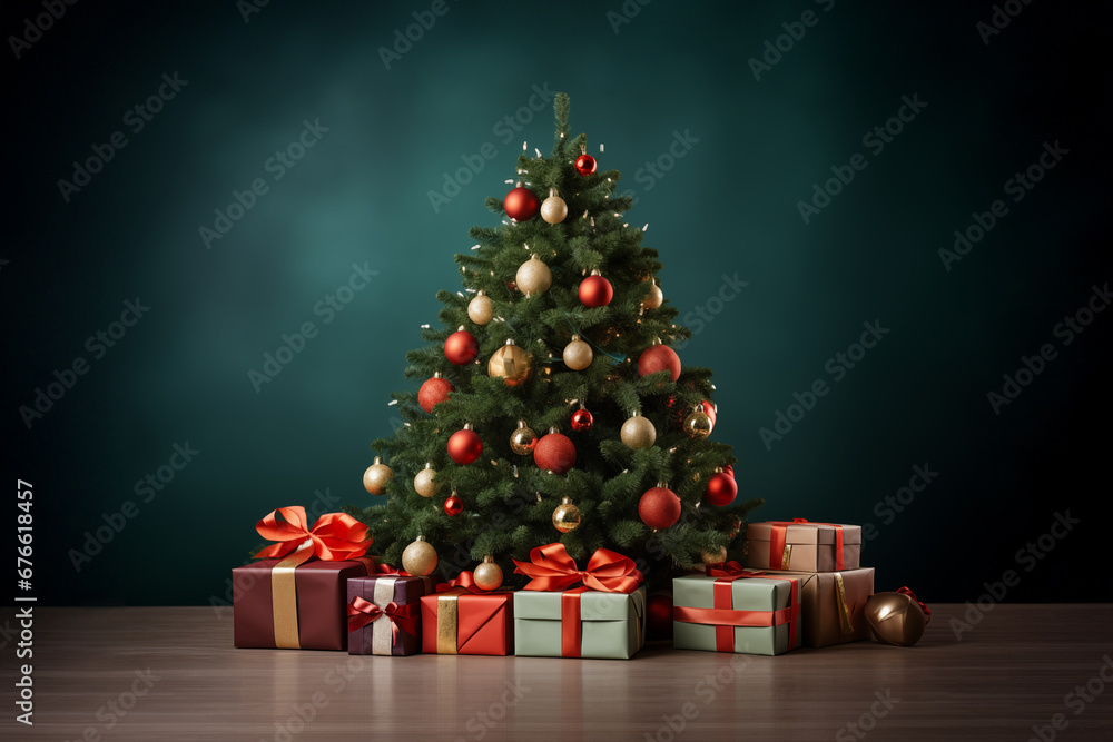  Christmas decorared tree and gifts on green background