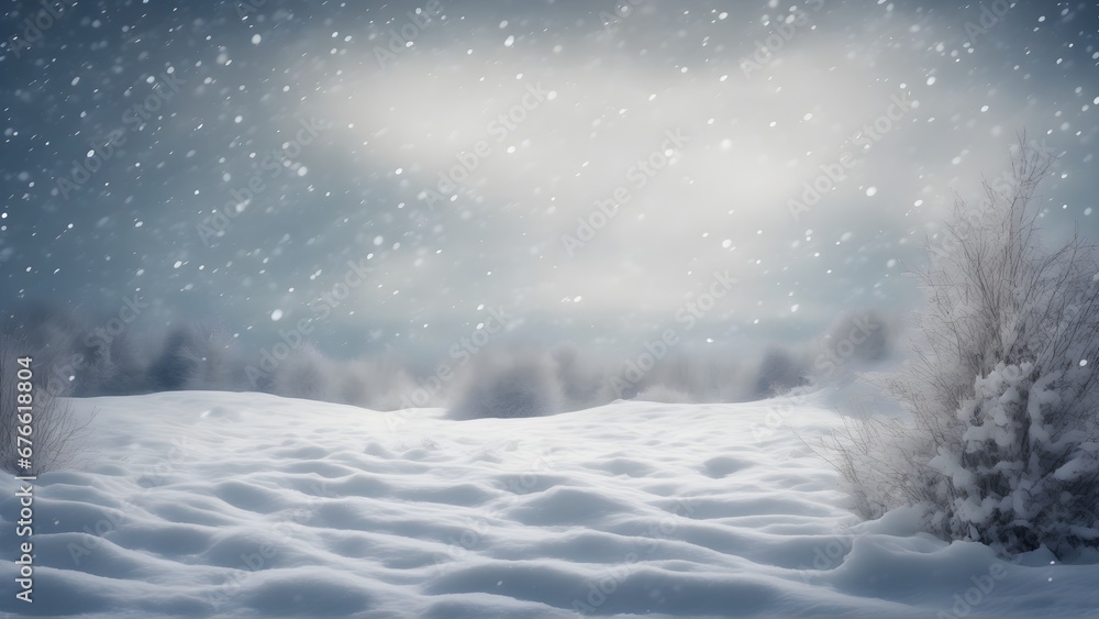 Snowy plain, background of a snow-covered lawn with falling snow. New Year and Christmas concept.